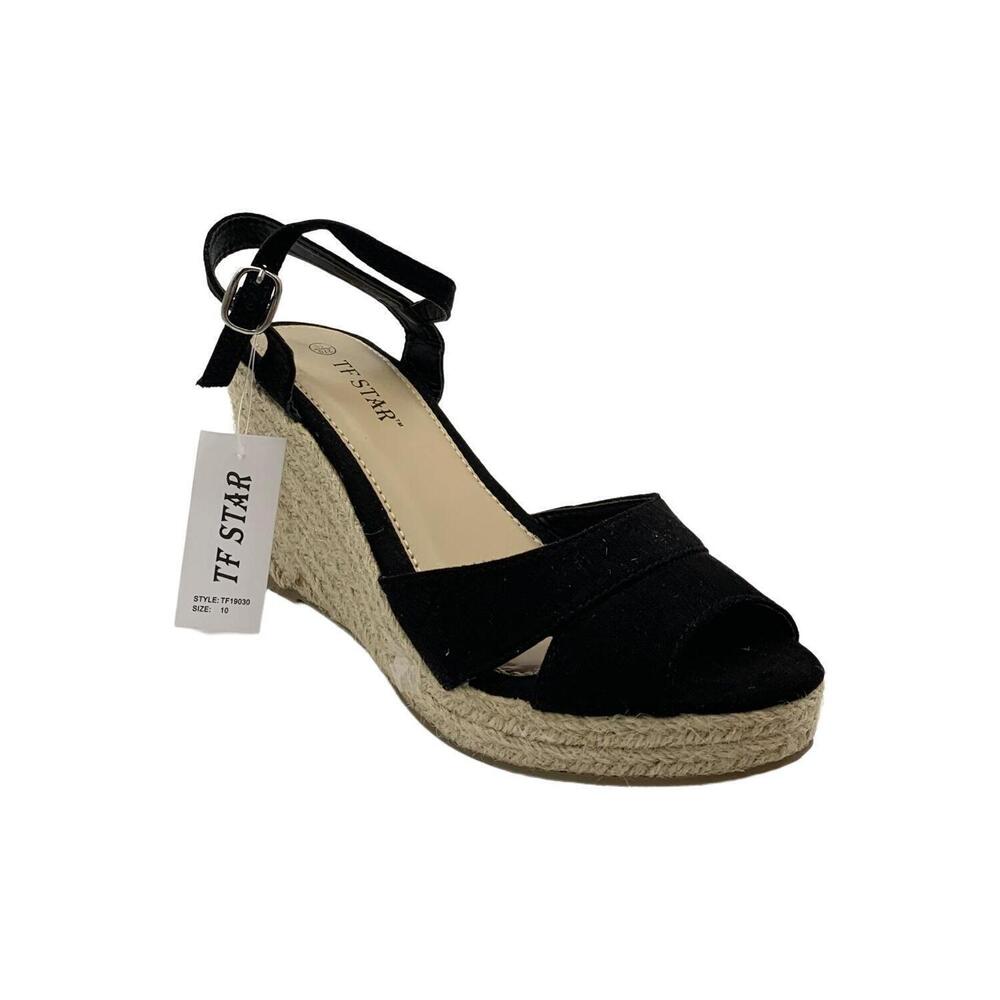 TF Star Women's Jute Rope Wedge Sandals Black - Medium
